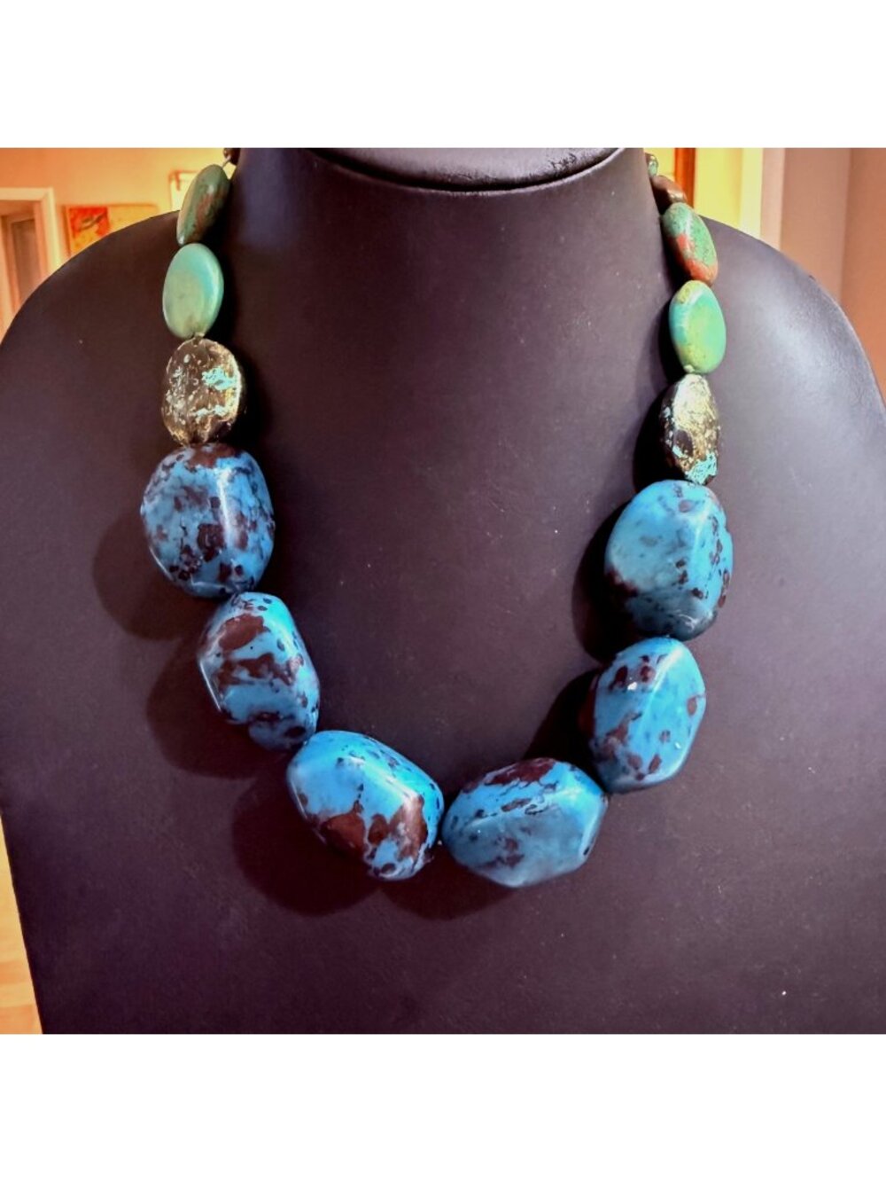 Chunky Faux Turquoise & Green Beaded Necklace